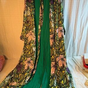 Sassy Jones Green and Pink Patterned overcoat. Green jumpsuit.